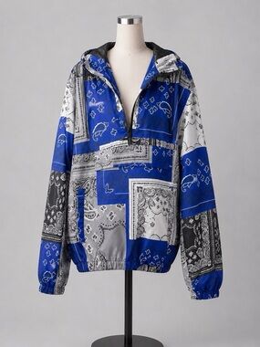 Men's Blue Patchwork Bandana Print Windbreaker Hooded Jacket